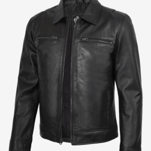 Men's Black Leather Jacket — Harrington Style
