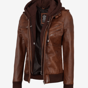 Edinburgh Women's Bomber Cognac Brown Leather Jacket with Removable Hood