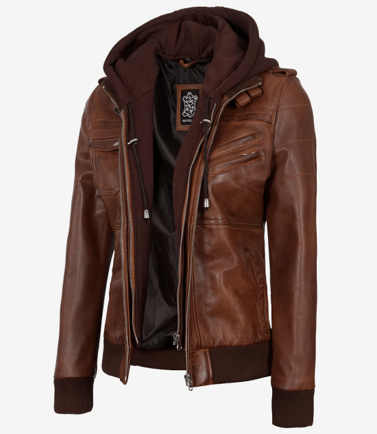 Edinburgh Women's Bomber Cognac Brown Leather Jacket with Removable Hood