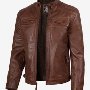 Men’s Cognac Brown Waxed Quilted Leather Biker Jacket