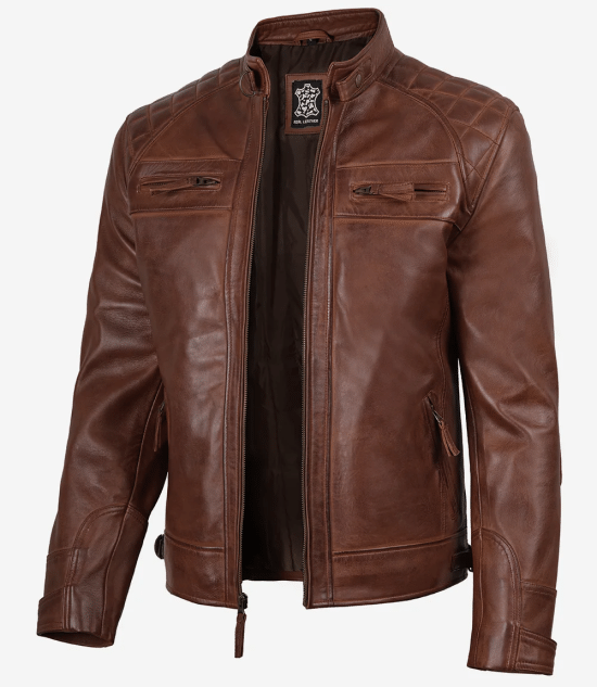 Men’s Cognac Brown Waxed Quilted Leather Biker Jacket