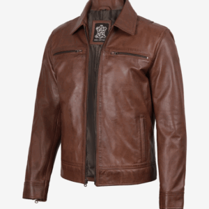 Men's Cognac Brown Leather Jacket- Shirt Collar Style