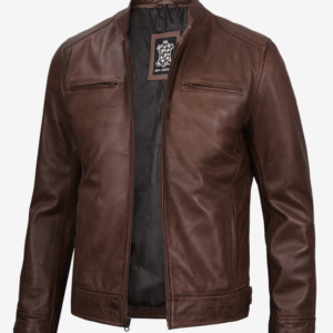 Dodge Men's Cognac Cafe Racer Leather Jacket
