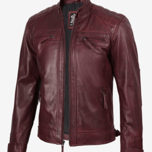 Men’s Burgundy Waxed Quilted Leather Biker Style Jacket