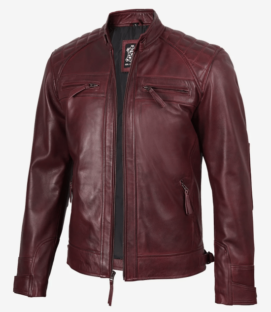 Men’s Burgundy Waxed Quilted Leather Biker Style Jacket