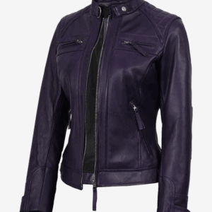 Women Purple Quilted Leather Cafe Racer Jacket