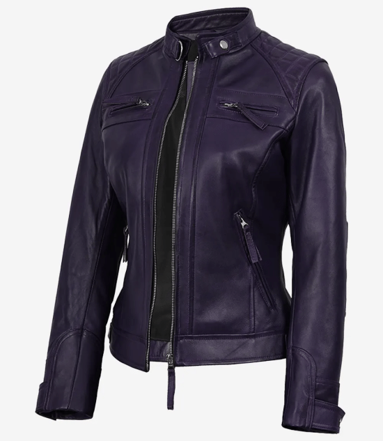Women Purple Quilted Leather Cafe Racer Jacket