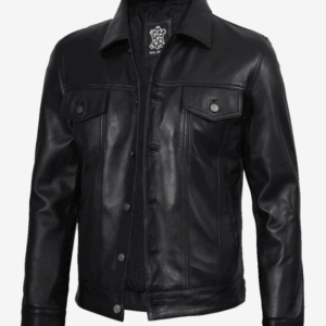 Men's Black Leather Trucker Jacket — Shirt Collar