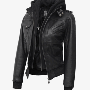 Women's Bomber Black Leather Jacket with Removable Hood