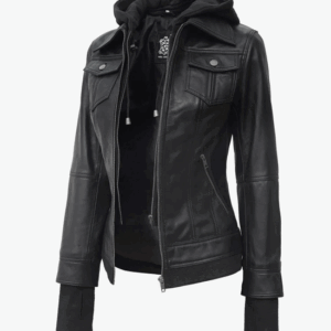 Women's Black Hooded Leather Jacket — Removable Hood