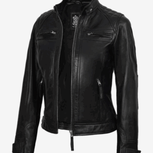 Women Black Quilted Cafe Racer Leather Jacket