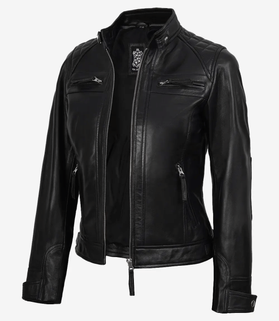 Women Black Quilted Cafe Racer Leather Jacket