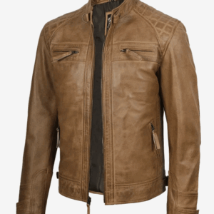 Men’s Waxed Camel Brown Cafe Racer Leather Jacket